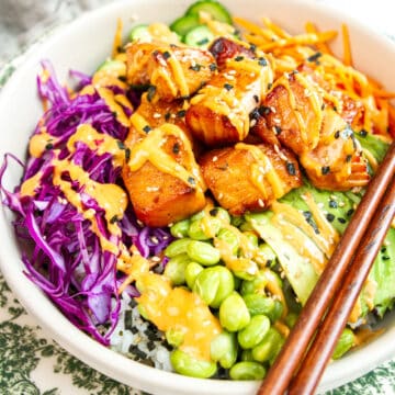 Teriyaki salmon bowls with glazed salmon, rice, and fresh vegetables, an easy homemade healthy dinner recipe