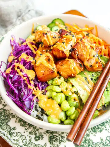 Teriyaki salmon bowls with glazed salmon, rice, and fresh vegetables, an easy homemade healthy dinner recipe