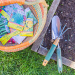 garden basket with seeds and garden tools