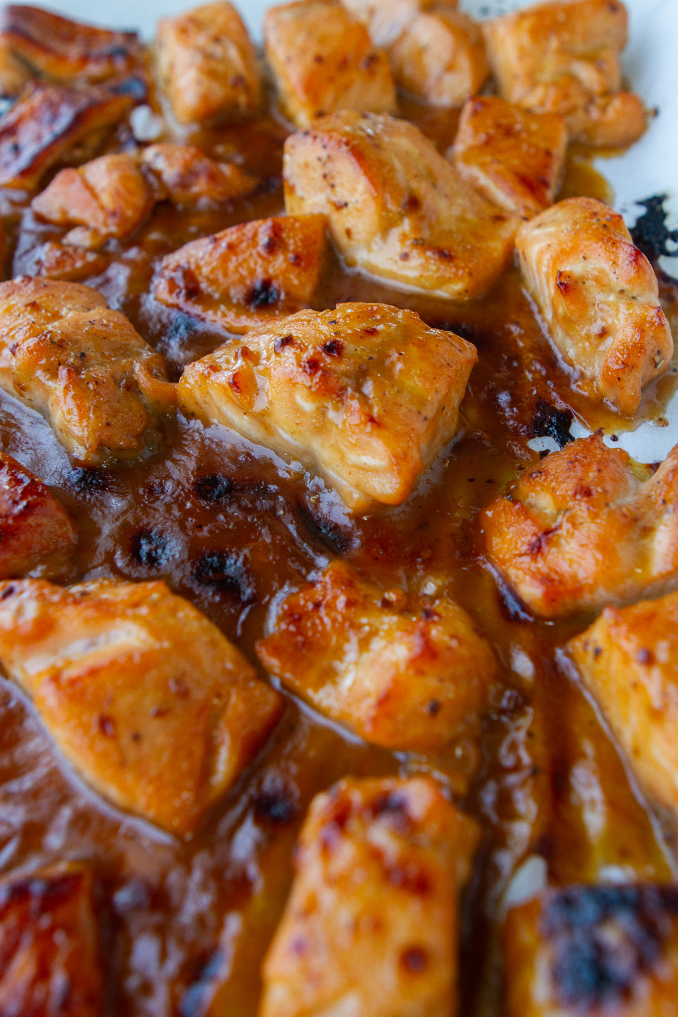 close up of glazed teriyaki salmon bites