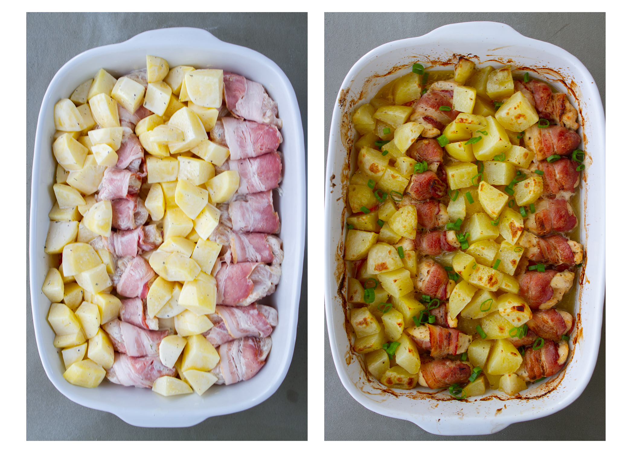 rows of ranch potatoes and chicken wrapped with bacon