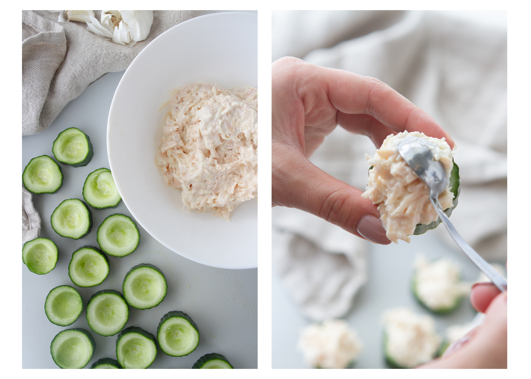 stuffing cucumber cups with chicken salad