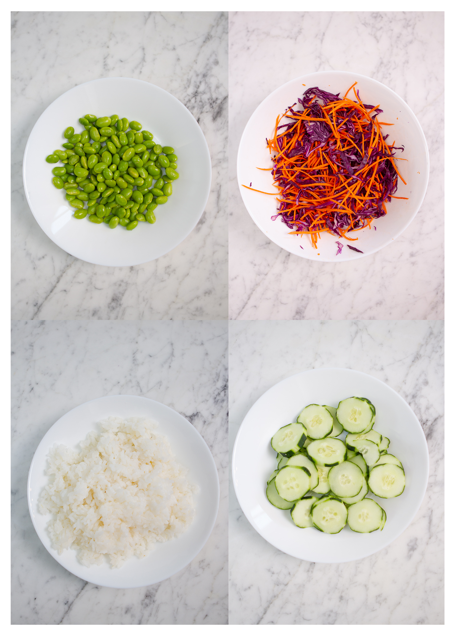 edamame cabbage, cooked rice, cucumbers