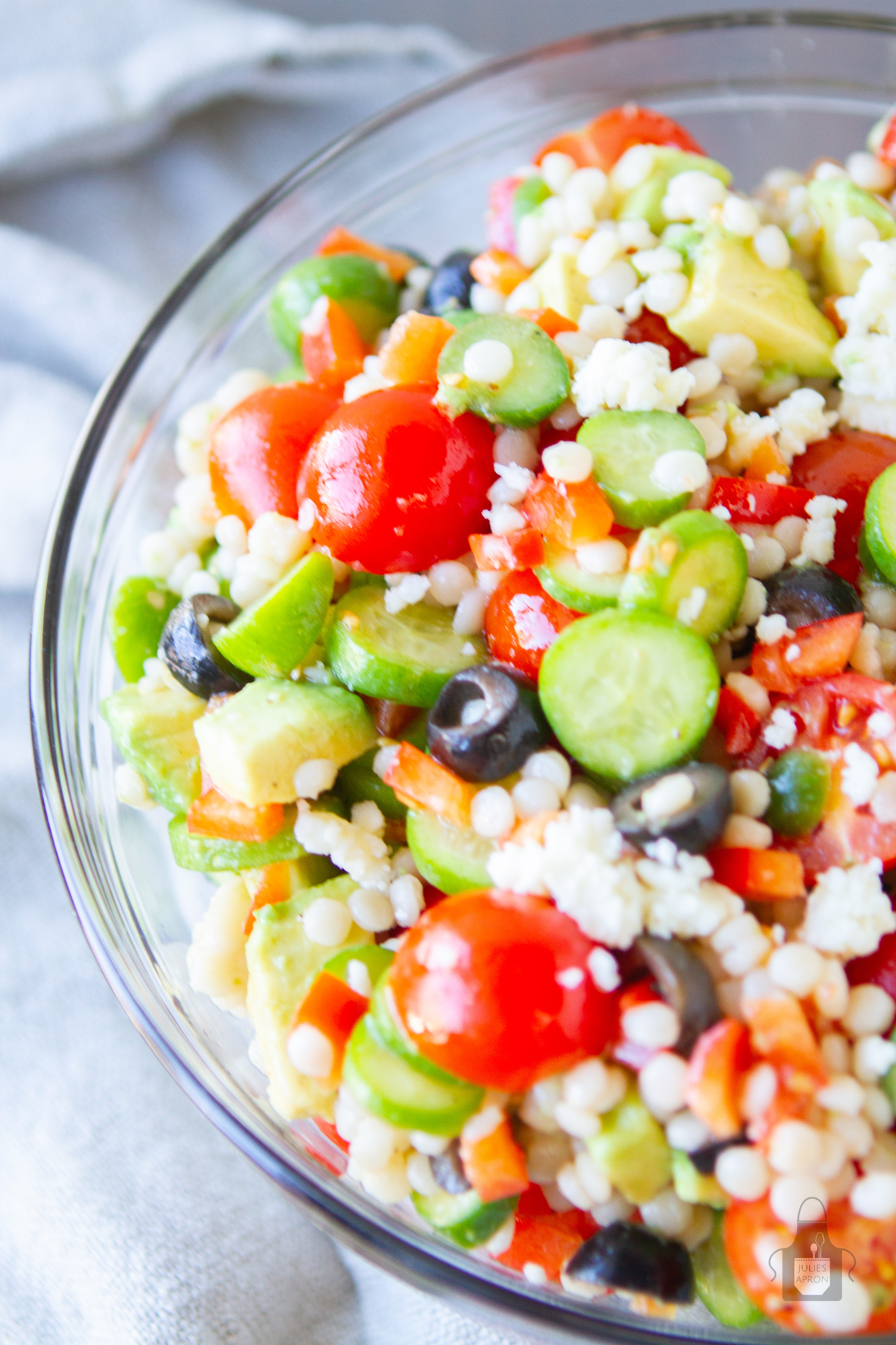 upclose salad with cous cous and tomatoes and cucumber 