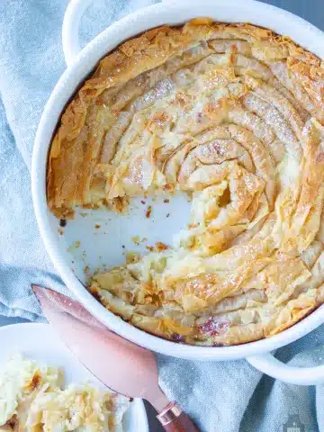 phyllo dough banitsa with a cut slice