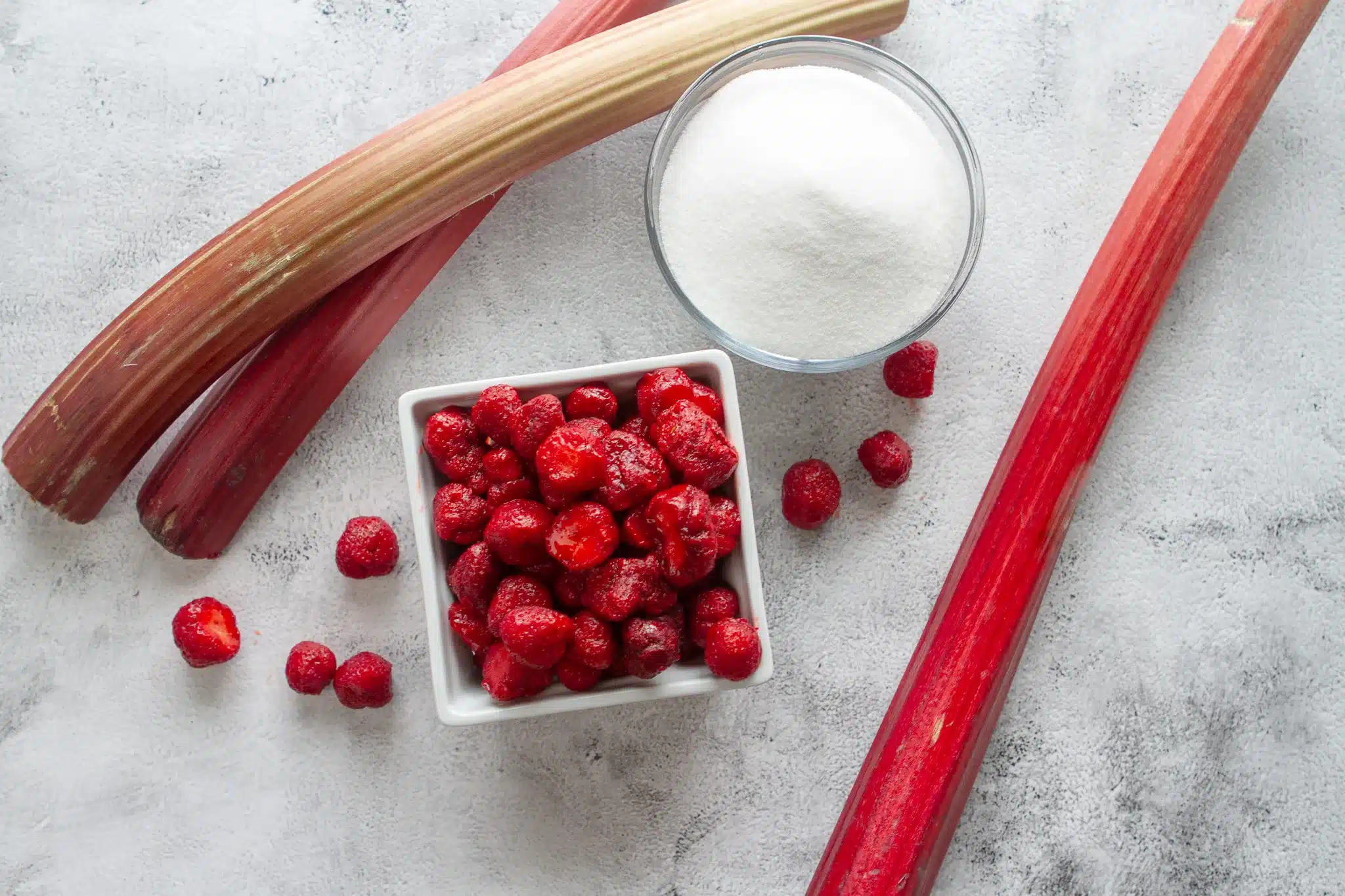 ingredients needed for strawberry rhubarb freezer jam