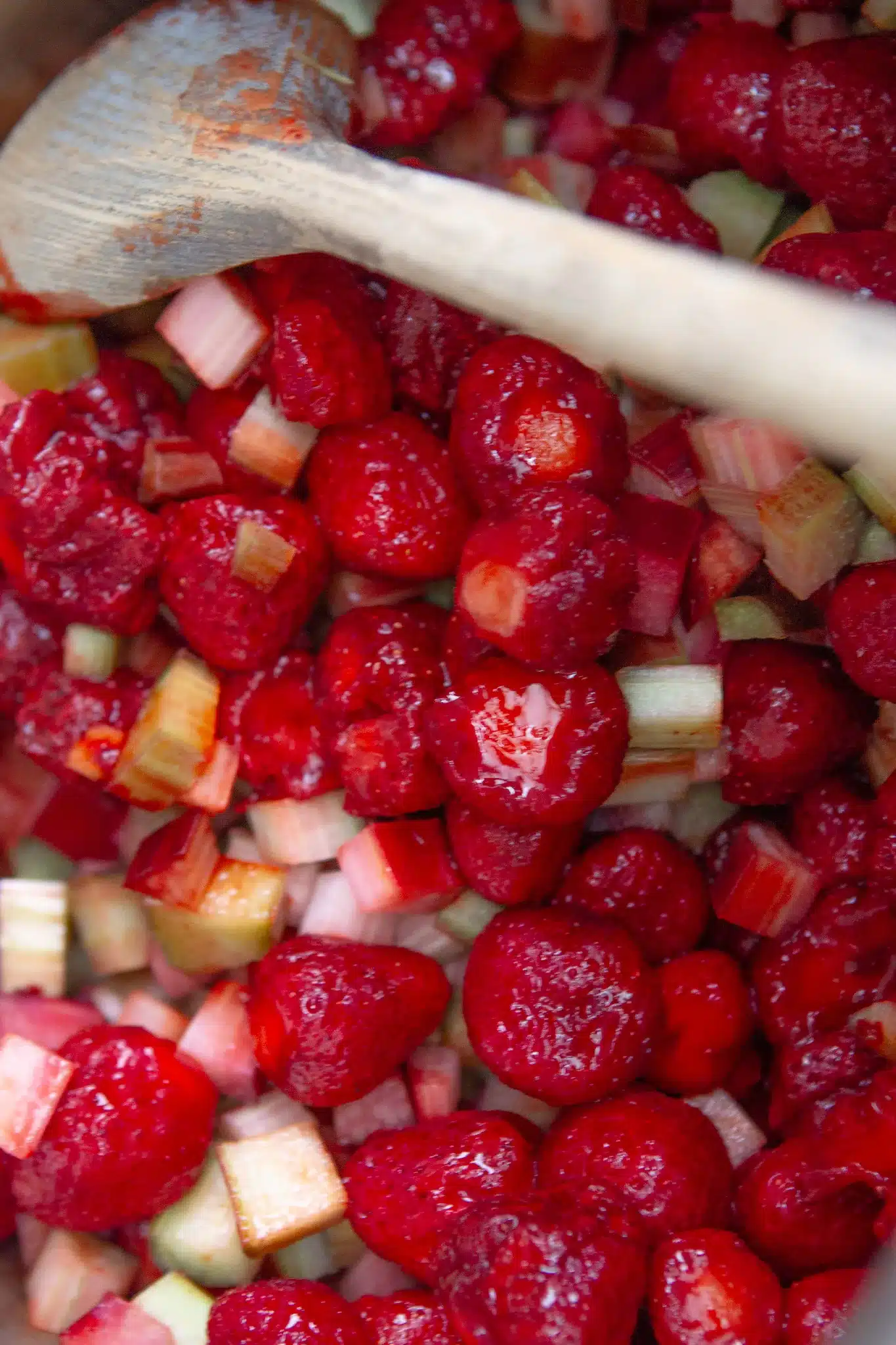 up close of strawberries and chopped rhubarb