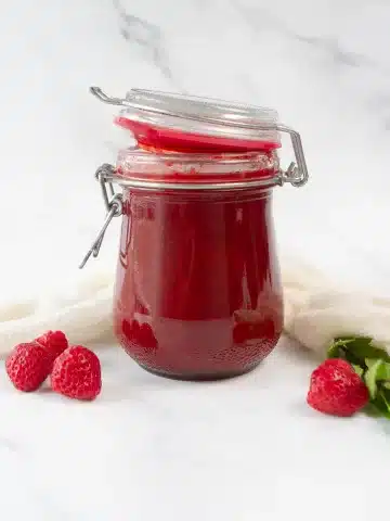 strawberry rhubarb freezer jam in glass jar