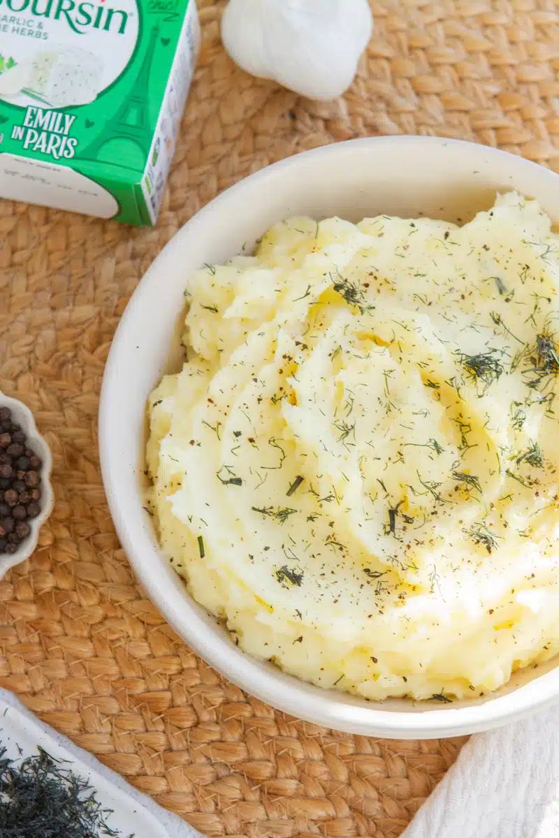 Creamy Boursin mashed potatoes, a rich garlic herb mashed potato side dish perfect for holiday dinners and comfort meals