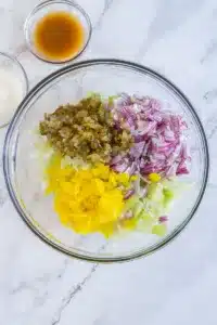 chopped onions, banana peppers, relish