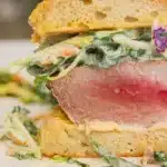 ahi burger with coleslaw and spicy mayo