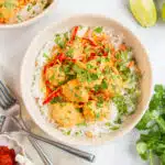 Comforting bowl of coconut curry meatballs with a smooth, flavorful Thai-inspired sauce