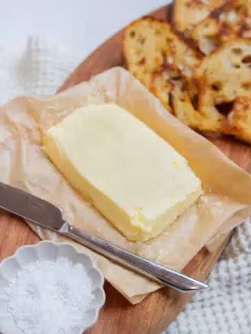 Homemade butter with sea salt made in a mixer, soft texture and perfect for spreading on bread