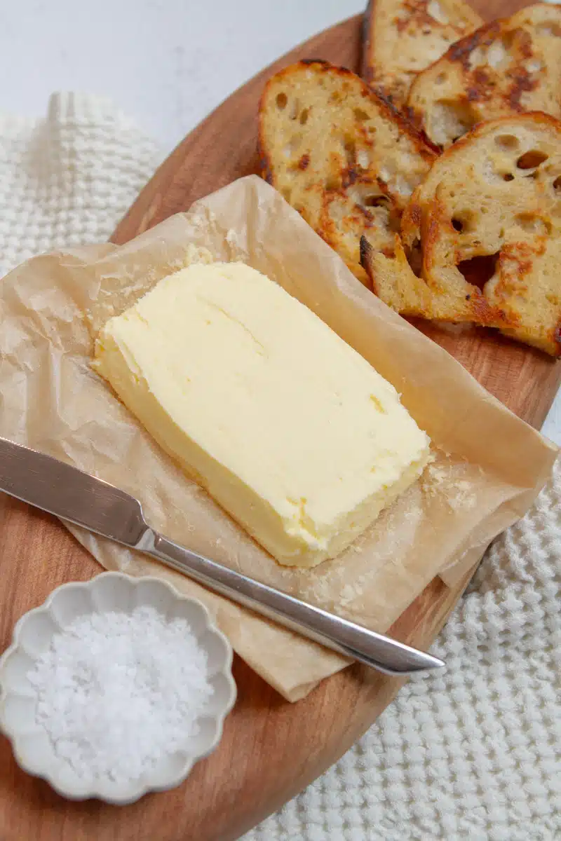 Fresh homemade butter from heavy cream whipped in a mixer, rich, creamy, and ready to serve
